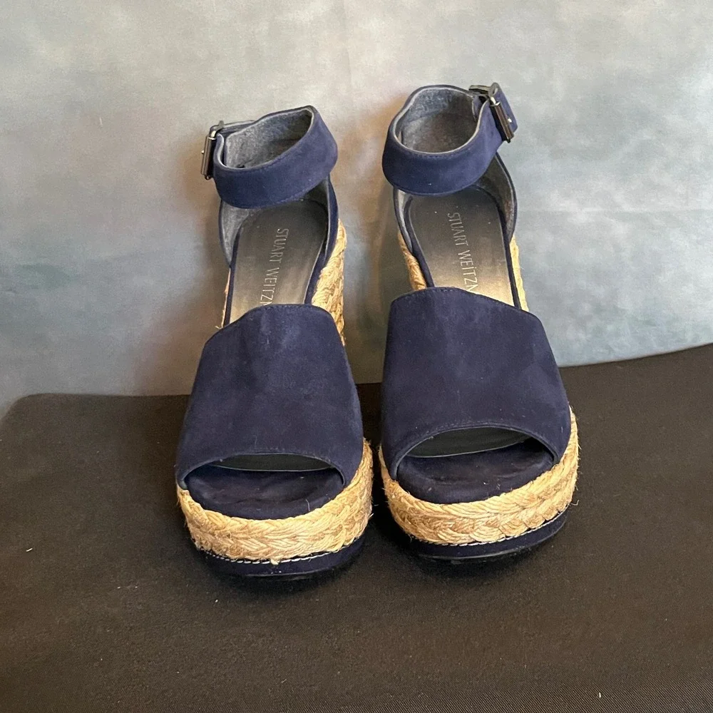 Stuart Weitzman SoHo Jute Navy Suede Espadrille Wedge Sandals Women's Size 6.5‎